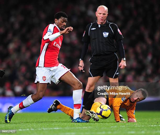 Abou Diaby of Arsenal battles with Nick Barmby of Hull during the Barclays Premier League match between Arsenal and Hull City at the Emirates Stadium...