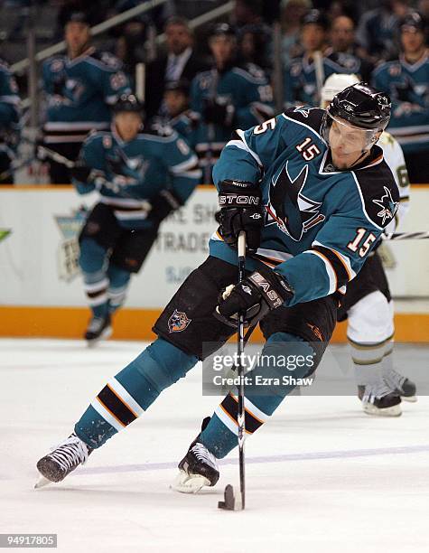 Dany Heatley of the San Jose Sharks in action during their game against the Dallas Stars at HP Pavilion on December 11, 2009 in San Jose, California.