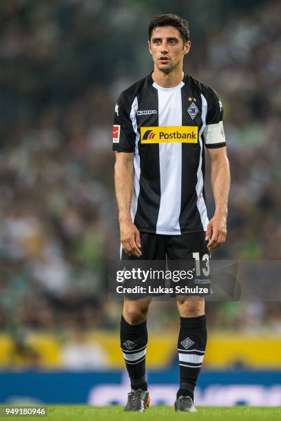 Lars Stindl of Moenchengladbach looks on during the Bundesliga match between Borussia Moenchengladbach and VfL Wolfsburg at Borussia-Park on April...