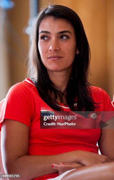Veronica Cepede of Paraguay during the official draw ceremony prior to a match between Spain and Paraguay. On April 20, 2018 in La Manga Club,...