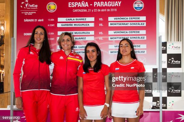 Georgina Garcia and Maria Jose Martinez of Spain and Veronica Cepede, Montserrat Gonzalez of Paraguay pose for a photo during the official draw...