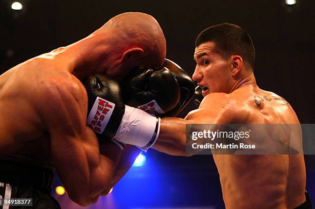 Jack Culcay of Germany exchanges punches with Jindrich Kubin of Czech Republic during the super welterweight fight during the Universum Champions...