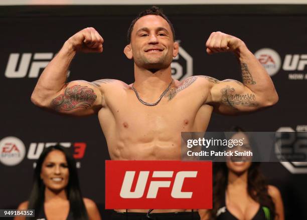 Frankie Edgar poses on the scale during the UFC Fight Night weigh-in at the Boardwalk Hall on April 20, 2018 in Atlantic City, New Jersey.