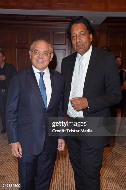 Felix Magath and Cherno Jobatey attend the Leon Heart Foundation Charity Dinner at Hotel Adlon Kempinski on April 20, 2018 in Berlin, Germany.