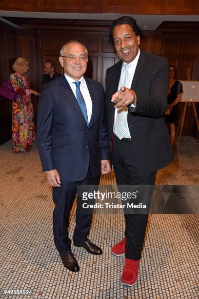 Felix Magath and Cherno Jobatey attend the Leon Heart Foundation Charity Dinner at Hotel Adlon Kempinski on April 20, 2018 in Berlin, Germany.
