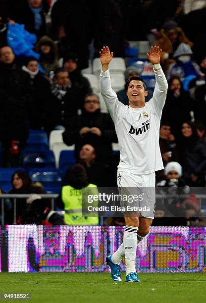 Cristiano Ronaldo of Real Madrid celebrates after scoring the 5:0 goal during the La Liga match between Real Madrid and Real Zaragoza at Estadio...