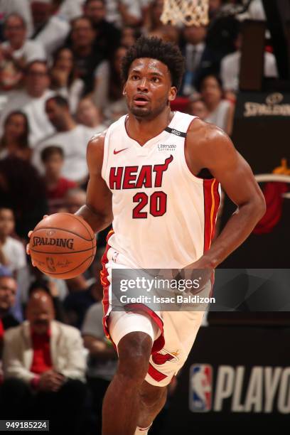 Justise Winslow of the Miami Heat handles the ball against the Philadelphia 76ers in Game Three of Round One of the 2018 NBA Playoffs on April 19,...