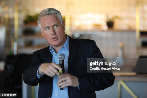 Photographer John Moore talks during the launch event of Undocumented book at WeWork Varsovia Building on April 19, 2018 in Mexico City, Mexico.