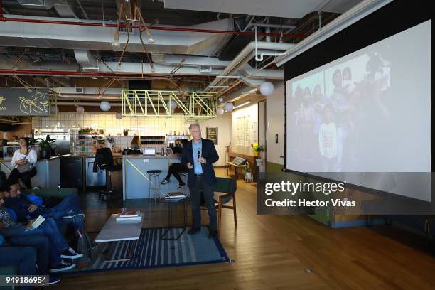 Photographer John Moore speaks during the launch event of Undocumented book at WeWork Varsovia Building on April 19, 2018 in Mexico City, Mexico.