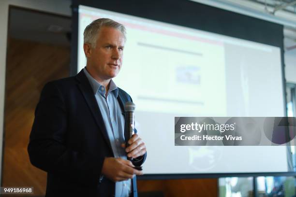 Photographer John Moore speaks during the launch event of Undocumented book at WeWork Varsovia Building on April 19, 2018 in Mexico City, Mexico.