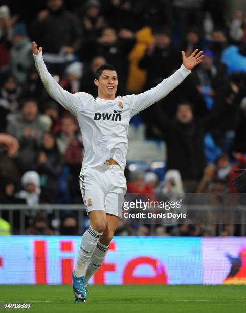 Cristiano Ronaldo of Real Madrid celebrates after scoring the 5:0 goal during the La Liga match between Real Madrid and Real Zaragoza at the Santiago...