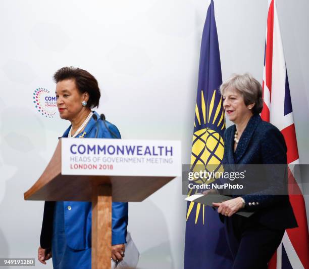 Patricia Scotland, Secretary General of the Commonwealth and Theresa May, Prime Minister of the United Kingdom arrive to the final press conference...