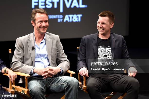 Jurgen Scharpf and Tom Dumican speak onstage at Tribeca Talks: Sound & Music Design for Film during the 2018 Tribeca Film Festival at SVA Theatre on...