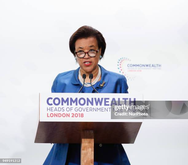 Patricia Scotland, Secretary General of the Commonwealth gives hes final remarks at the final press conference during the Commonwealth Heads of...