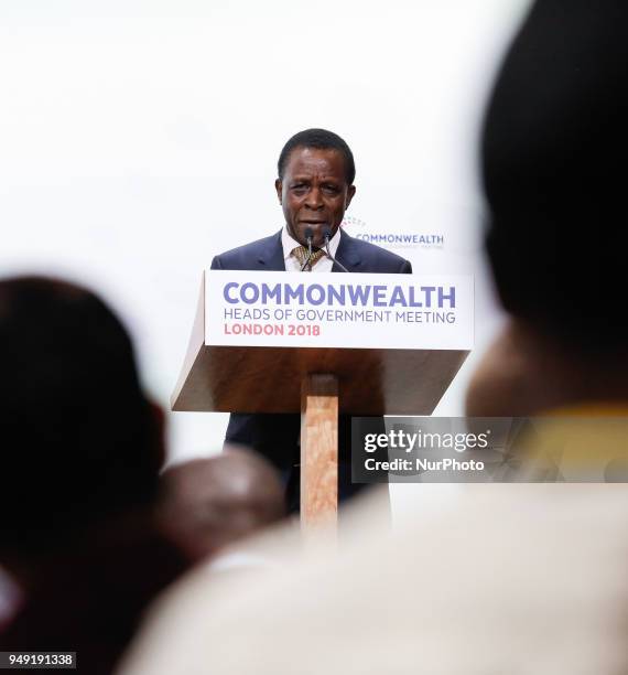 Dr Keith C Mitchell, Prime Minister of Grenada gives his final remarks at the final press conference during the Commonwealth Heads of Government...