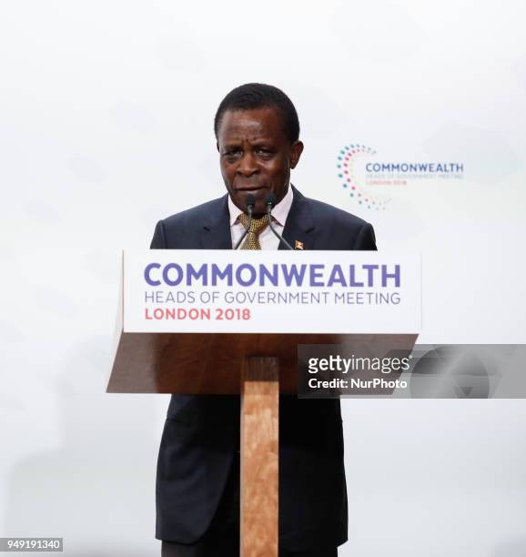 Dr Keith C Mitchell, Prime Minister of Grenada gives his final remarks at the final press conference during the Commonwealth Heads of Government...