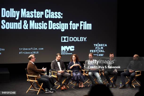 Glenn Kiser, Aaron Lieber, Carol Martori, Jurgen Scharpf, Tom Dumican and Stuart Miller speak onstage at Tribeca Talks: Sound & Music Design for Film...
