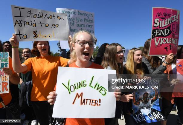 Students from the Santa Monica area participate in a walkout demonstration as part of the National School Walkout for Gun Violence Prevention...