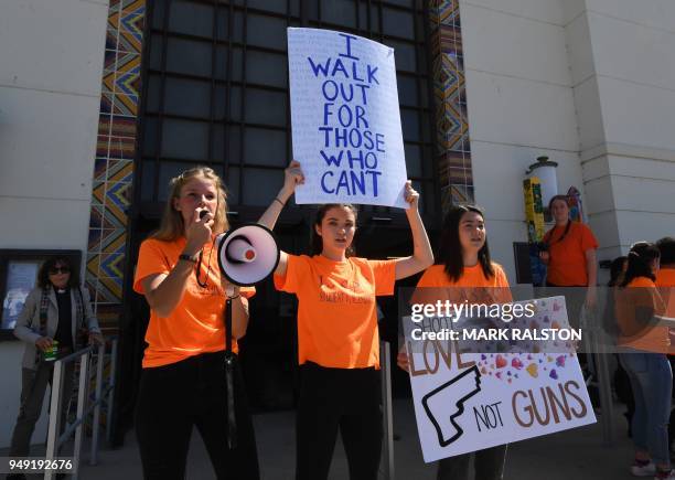 Students from the Santa Monica area participate in a walkout demonstration as part of the National School Walkout for Gun Violence Prevention...