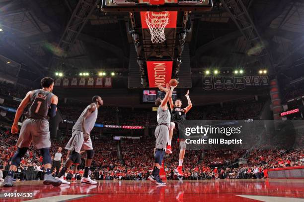 Zhou Qi of the Houston Rockets shoots the ball against the Minnesota Timberwolves during Game Two of Round One of the 2018 NBA Playoffs on April 18,...