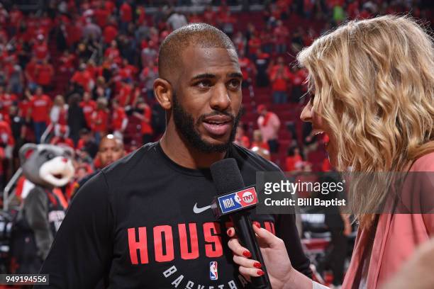 Chris Paul of the Houston Rockets speaks to the media after the game against the Minnesota Timberwolves during Game Two of Round One of the 2018 NBA...