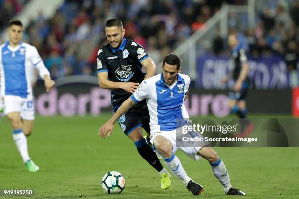 Florin Andone of Deportivo La Coruna, Joseba Zaldua of Leganes during the La Liga Santander match between Leganes v Deportivo la Coruna at the...