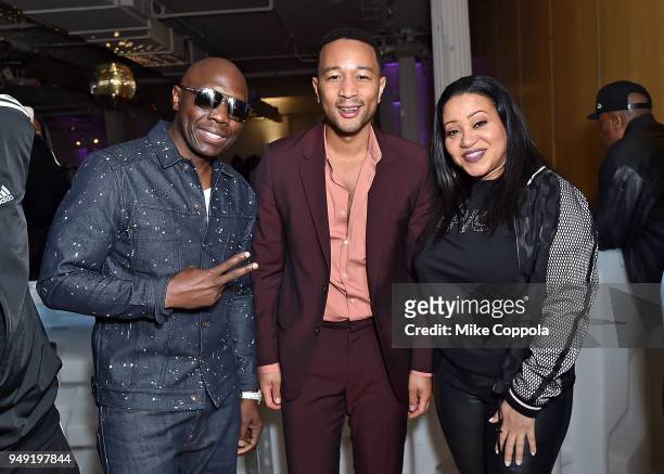 Chauncey Black of the hip-hop group Blackstreet, Singer/songwriter John Legend, and Salt of Salt-N-Pepa pose for a picture at the 2018 Tribeca Film...