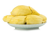 durian. king fruit. peeled. on dish. isolated on white background