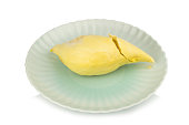durian. king fruit. peeled. on dish. isolated on white background