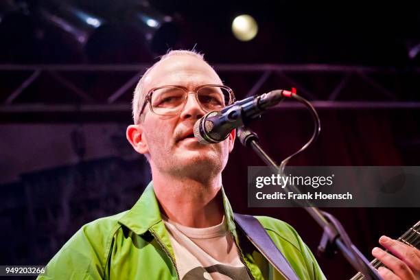 Singer Markus Berges of the German band Erdmoebel performs live on stage during a concert at the Lido on April 20, 2018 in Berlin, Germany.