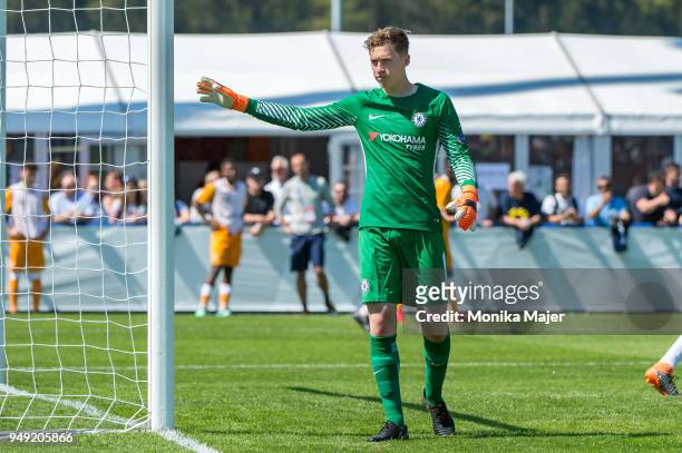 Goalie Jamie Cumming of Chelsea FC looks on during the semi-final football match between Chelsea FC and FC Porto of UEFA Youth League at Colovray...