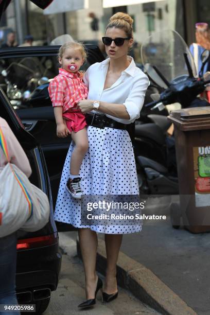 Michelle Hunziker with her daughter Celeste are seen on April 20, 2018 in Milan, Italy.