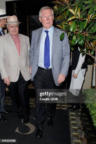 Sir Alex Ferguson leaving Scott's restaurant on April 20, 2018 in London, England.