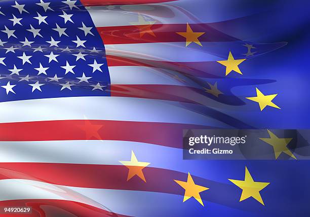 us-eu-flagge 3d - europaflagge stock-fotos und bilder