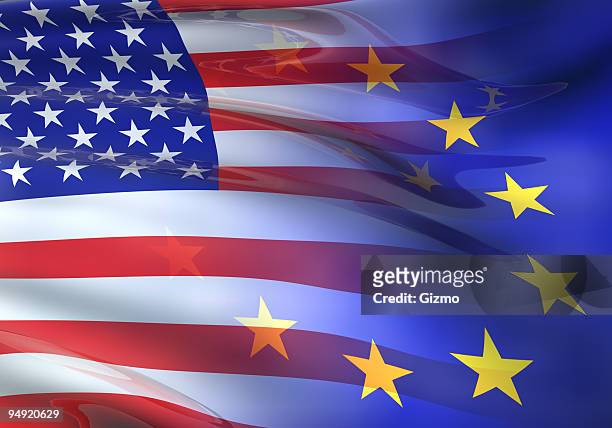 us - eu flag 3d - amerikaanse cultuur stockfoto's en -beelden