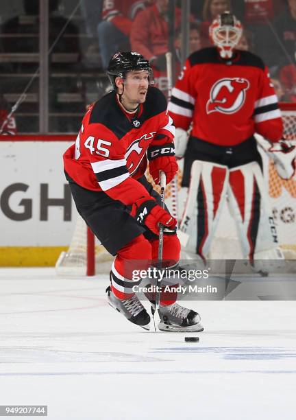 Sami Vatanen of the New Jersey Devils controls the puck in Game Four of the Eastern Conference First Round against the Tampa Bay Lightning during the...