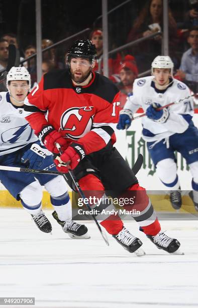 Patrick Maroon of the New Jersey Devils skates in Game Four of the Eastern Conference First Round against the Tampa Bay Lightning during the 2018 NHL...