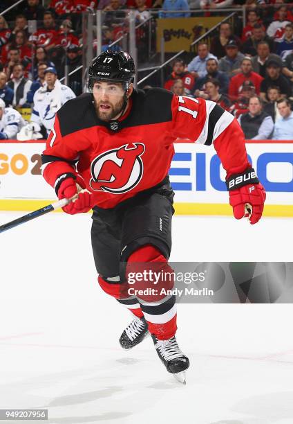 Patrick Maroon of the New Jersey Devils skates in Game Four of the Eastern Conference First Round against the Tampa Bay Lightning during the 2018 NHL...