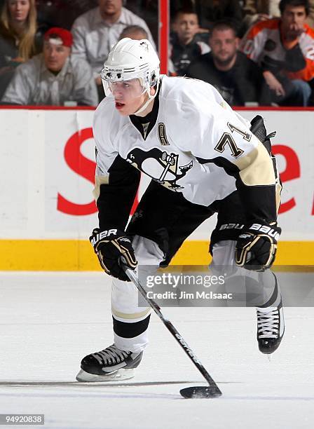 Evgeni Malkin of the Pittsburgh Penguins skates against the Philadelphia Flyers on December 17, 2009 at Wachovia Center in Philadelphia,...