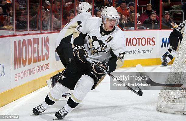 Evgeni Malkin of the Pittsburgh Penguins skates against the Philadelphia Flyers on December 17, 2009 at Wachovia Center in Philadelphia,...