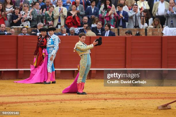 Spanish Bullfighter Enrique Ponce performs during the Feria De Abril bullfight on April 20, 2018 in Seville, Spain.