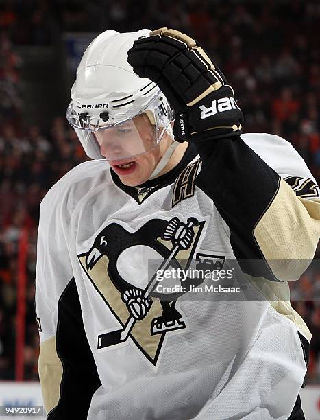 Evgeni Malkin of the Pittsburgh Penguins skates against the Philadelphia Flyers on December 17, 2009 at Wachovia Center in Philadelphia,...