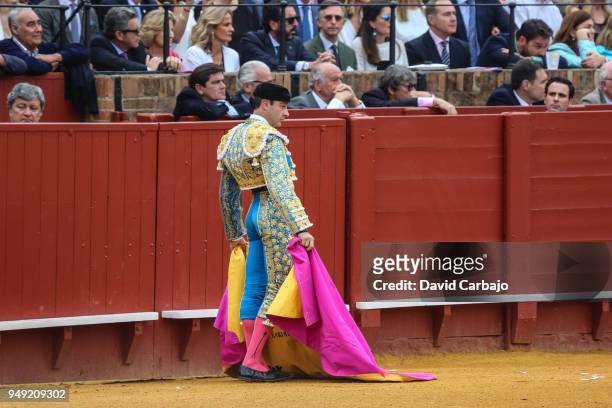 Spanish Bullfighter Enrique Ponce performs during the Feria De Abril bullfight on April 20, 2018 in Seville, Spain.