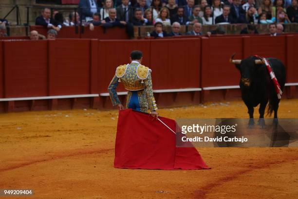 Spanish Bullfighter Enrique Ponce performs during the Feria De Abril bullfight on April 20, 2018 in Seville, Spain.