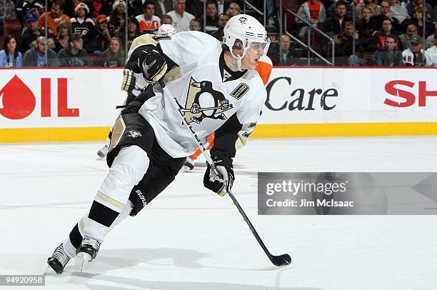 Evgeni Malkin of the Pittsburgh Penguins skates against the Philadelphia Flyers on December 17, 2009 at Wachovia Center in Philadelphia,...