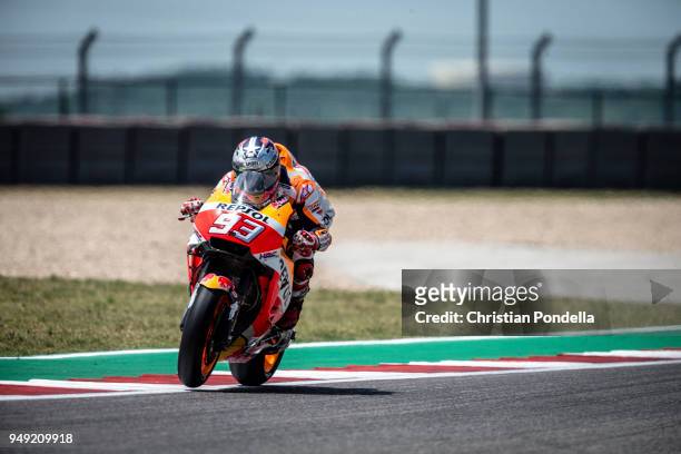 Marc Marquez of Spain rounds the bend during the MotoGP Red Bull U.S. Grand Prix of The Americas - Free Practice 2 at Circuit of The Americas on...