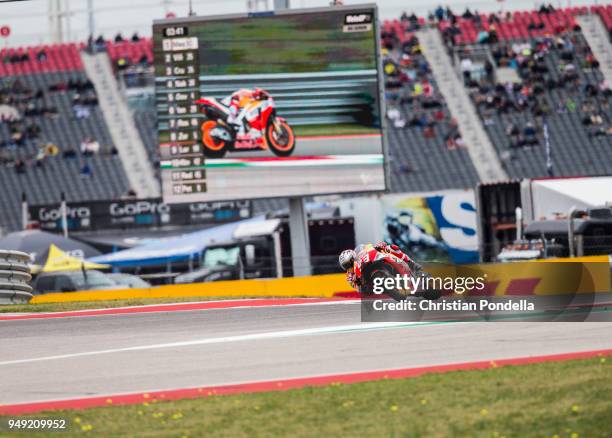 Marc Marquez of Spain rounds the bend during the MotoGP Red Bull U.S. Grand Prix of The Americas - Free Practice 1 at Circuit of The Americas on...