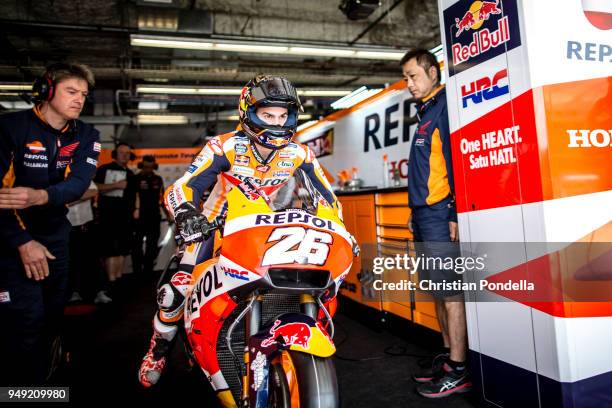 Dani Pedrosa of Spain leaves the pits during the MotoGP Red Bull U.S. Grand Prix of The Americas - Free Practice 2 at Circuit of The Americas on...