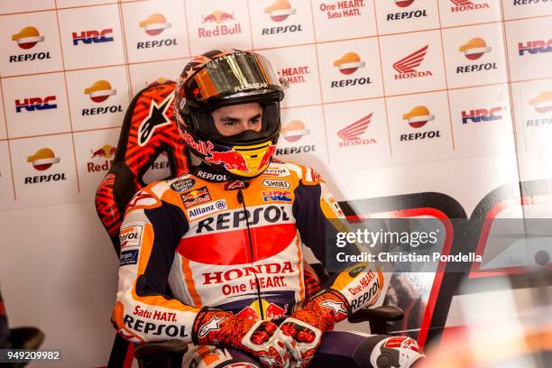 Marc Marquez of Spain in the pits during the MotoGP Red Bull U.S. Grand Prix of The Americas - Free Practice 2 at Circuit of The Americas on April...