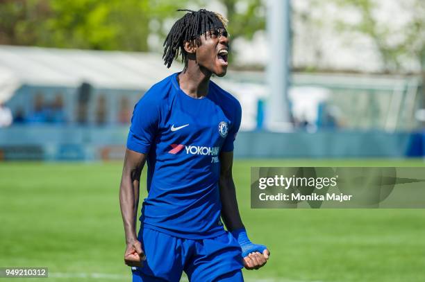 Ethan Ampadu of Chelsea FC reacts during the semi-final football match between Chelsea FC and FC Porto of UEFA Youth League at Colovray Sports Centre...